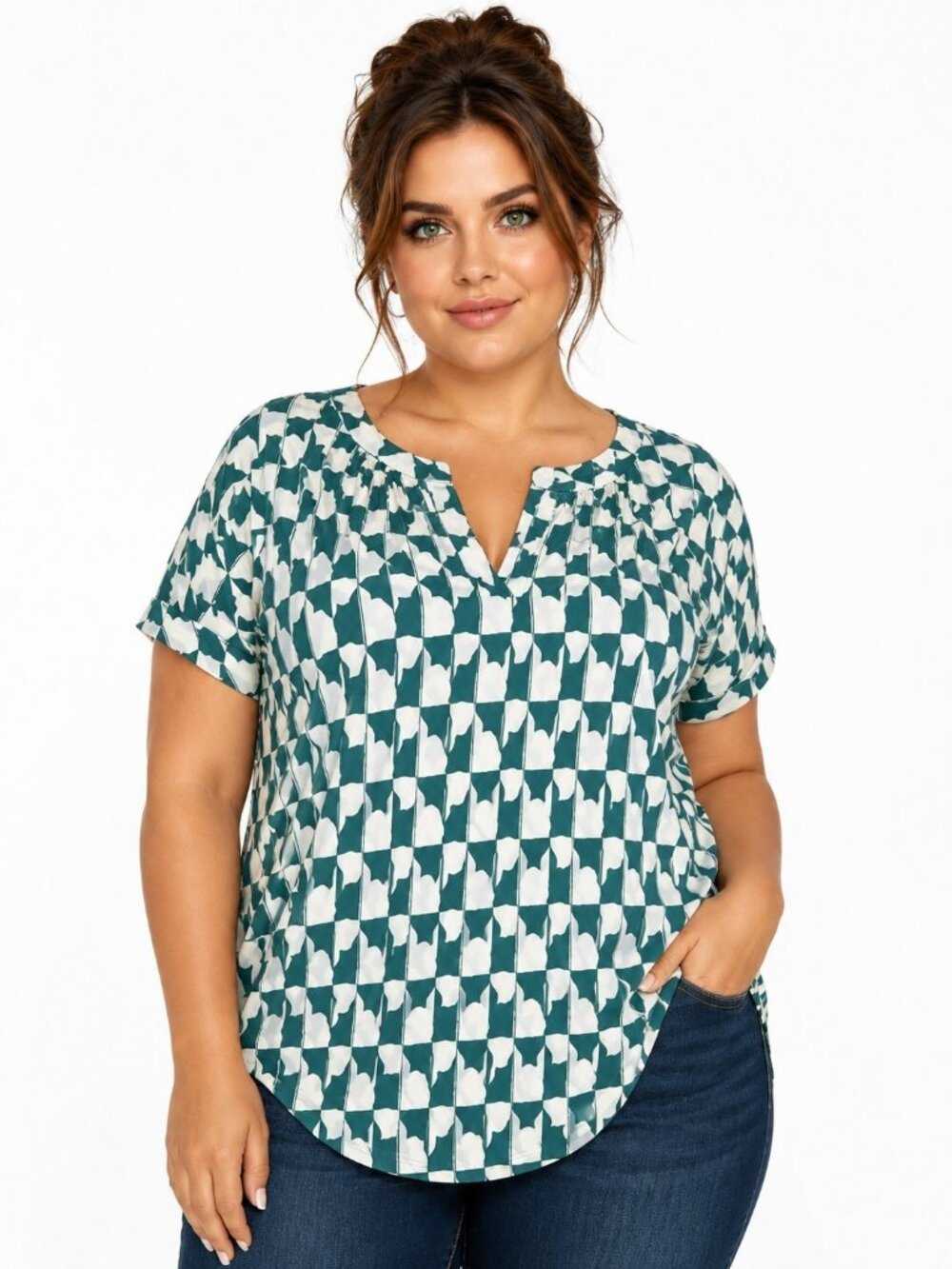 Lane Bryant Geometric Print Blouse Women's Size 18/20 Green White Split Neck